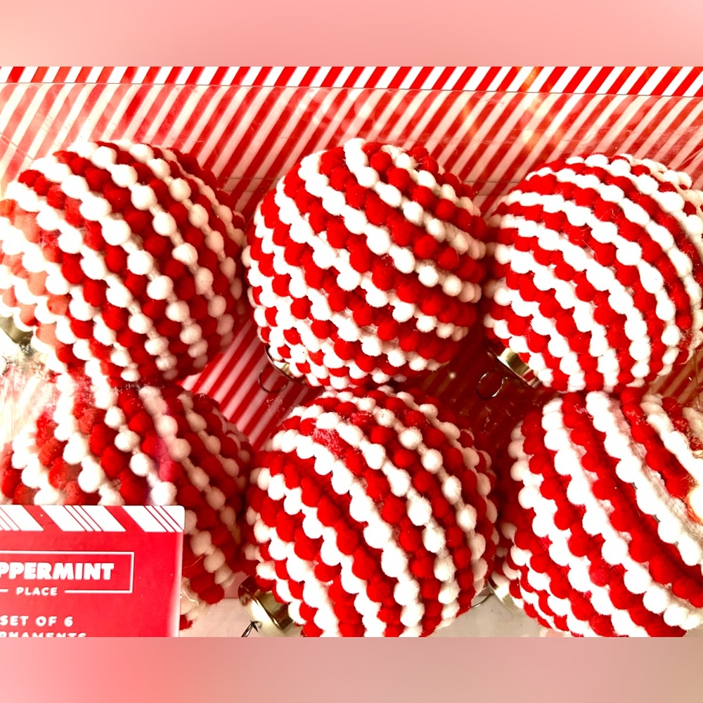 6 Christmas Fabric Peppermint Stripes Ball Ornaments